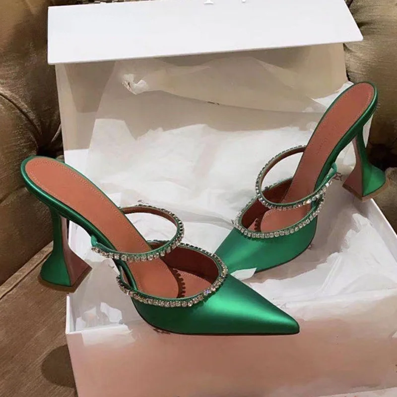 

2021 Rhinestones satin Women Pumps Slippers Elegant Pointed toe High heels Lady Mules Sildes Summer Fashion Party prom Shoes