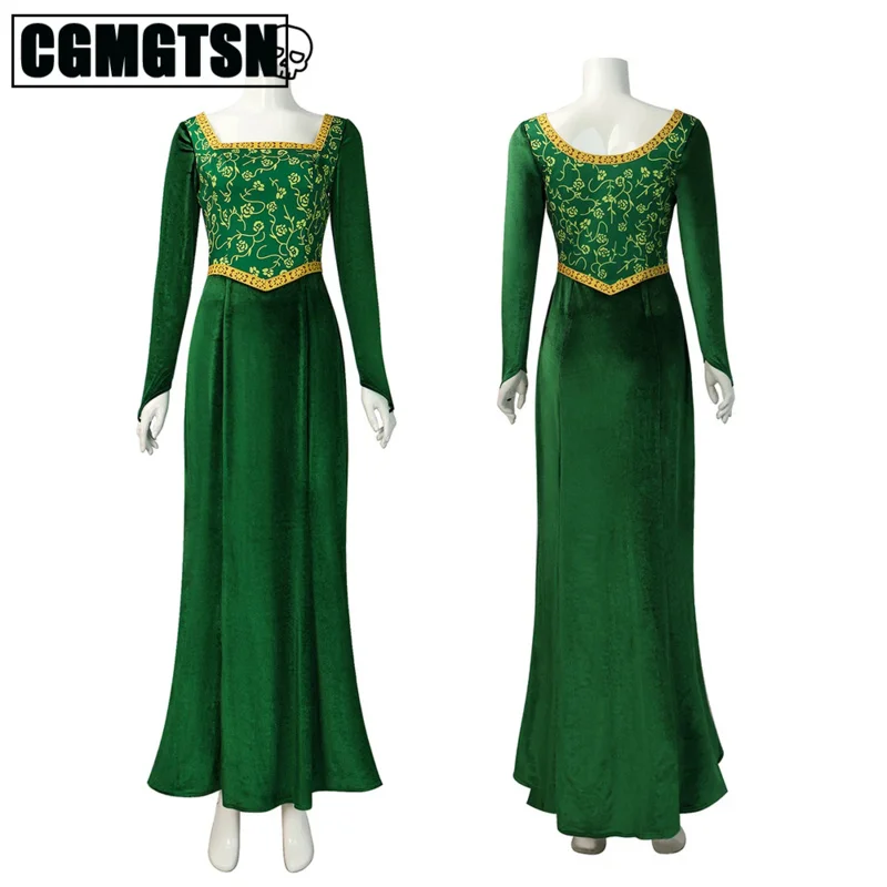 

CGMGTSN-Disfraz de princesa Fiona para mujer, traje largo de terciopelo con cuello cuadrado verde, juego de rol para Halloween