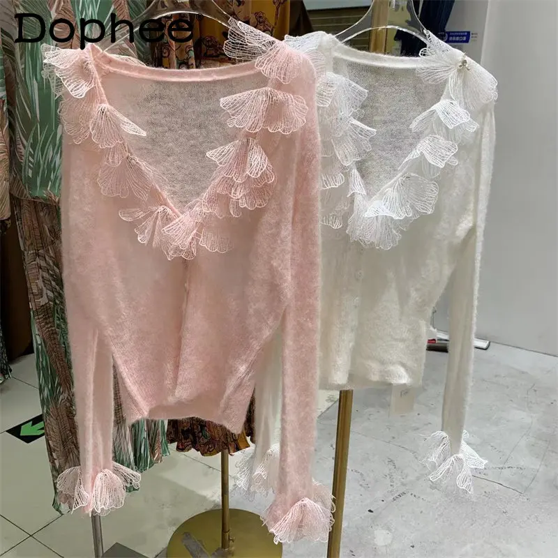 

2022 Early Autumn Thin Cardigan for Women Short Korean Style New V-neck Three-Dimensional Lace Flower Patchwork Thin Coat