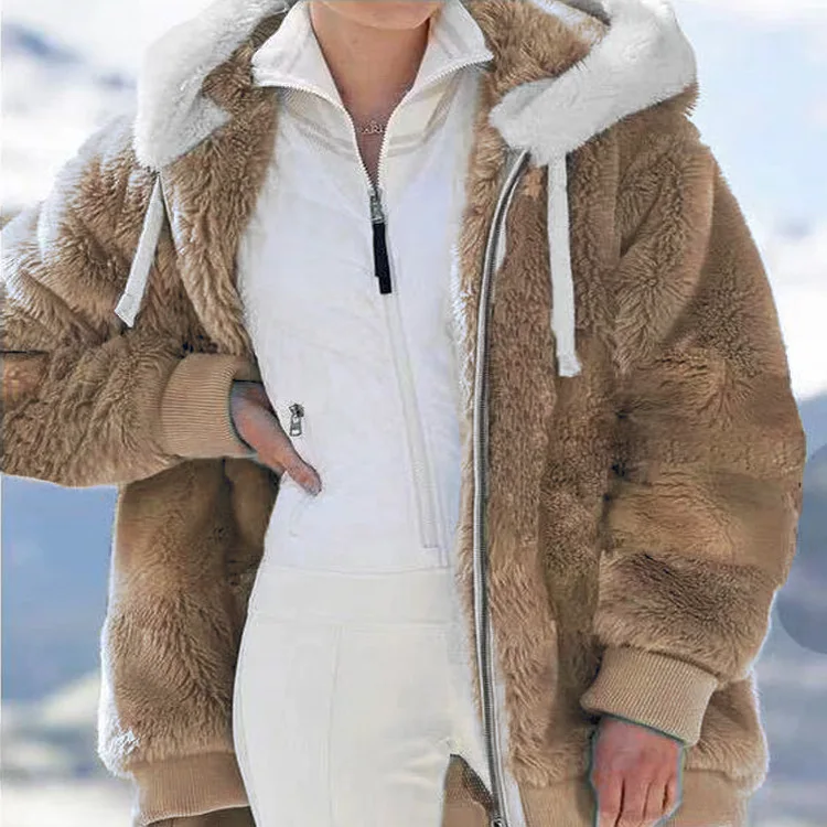 2022 New Autumn  Winter Loose Plush Zip Hooded Coat for Women Casual Women Faux Fur Hooded Jackets  Zippers  Rex Rabbit Fur