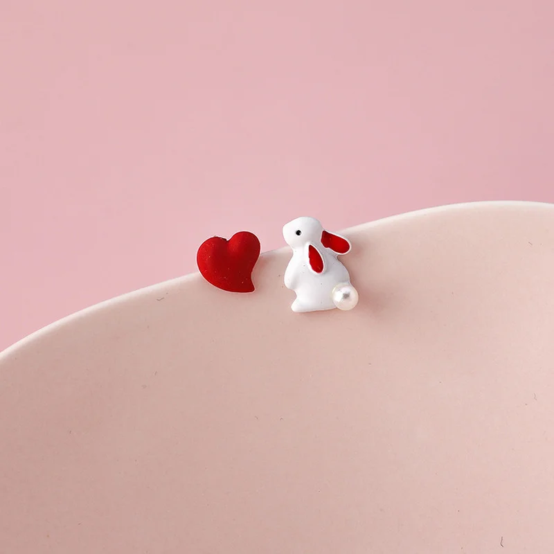 

Minar Unique Design Rabbit Love Heart Stud Earring for Women Gifts Korean Fashion Red Color Earring Asymmetric Party Jewelry