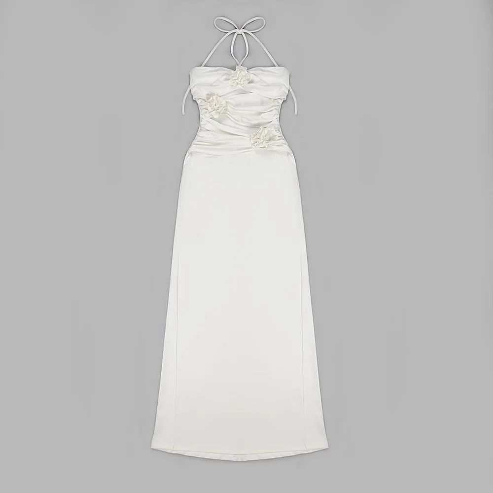 

Women Dress Black/White Halterneck Shirring Slim Fit Cut-Out Maxi Dress