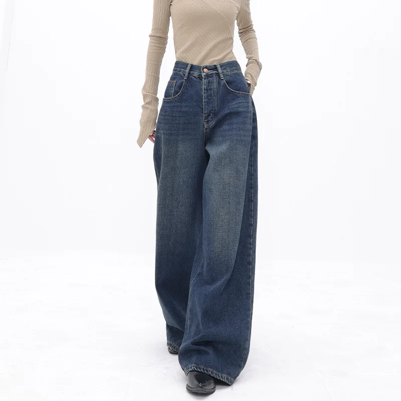 Women Autumn Oversize Jeans Brand New Denim Wide Leg Pants Spring Straight Full Length High Street Bottom