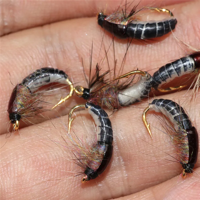 

6PCS #12 Nymphs Scud Bug Worm Flies with Barbed Hook Trout Fishing Fly Lure Bait