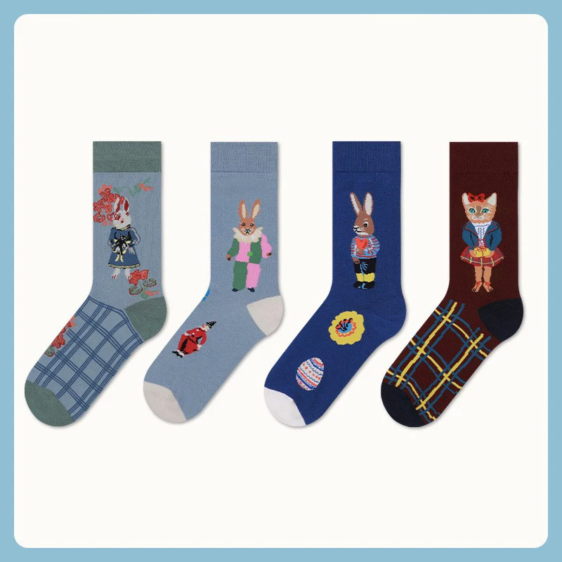 10 pairs of fine cotton women's socks Fairy tale animal tube socks Rabbit cat socks washed combed cotton women's socks
