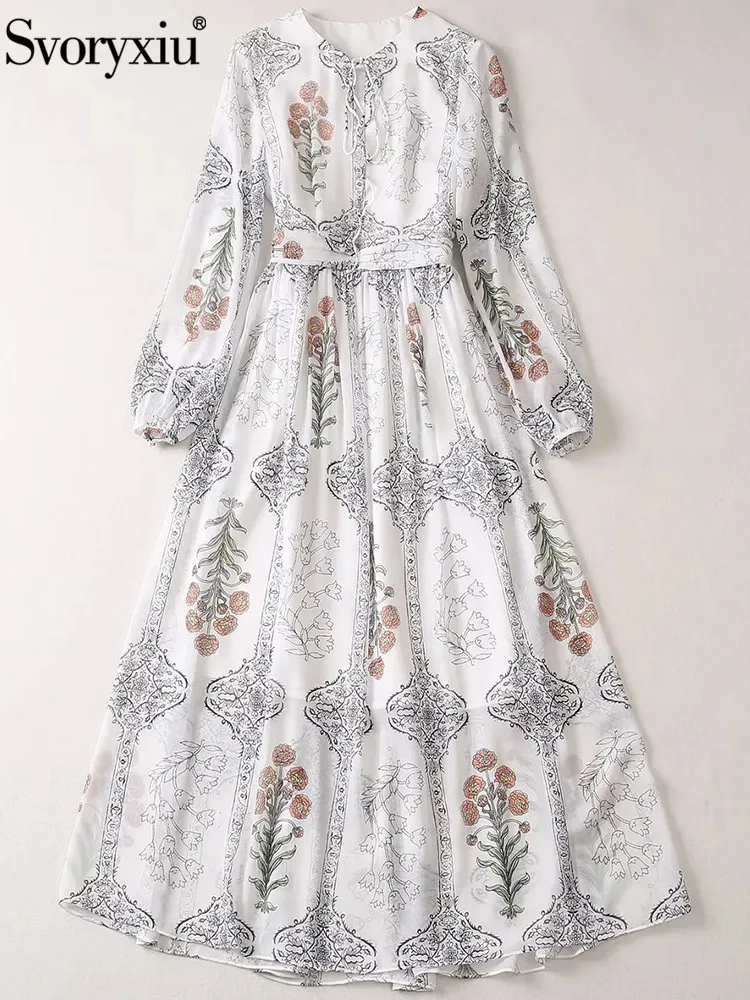 

Svoryxiu High Quality Designer Runway Spring Vintage Gorgeous Print Mid-Calf Dress Women's Lantern Sleeve BHigh Waist Dress