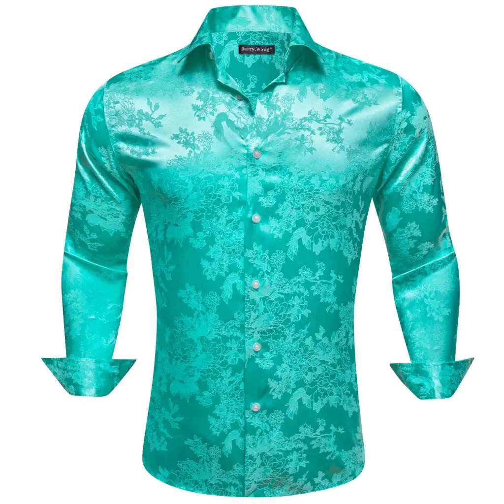 

Luxury Shirts for Men Silk Satin Green Blue Flower Long Sleeve Male Blouses Casual Lapel Tops Breathable Streetwear Barry Wang
