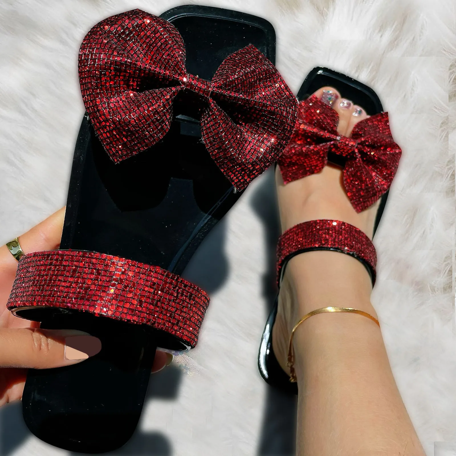 

Womens Ballet Slippers Velour Womens Shoes Summer Slippers Sequin Bow Square Toe Slippers Fashion Flat Slippers