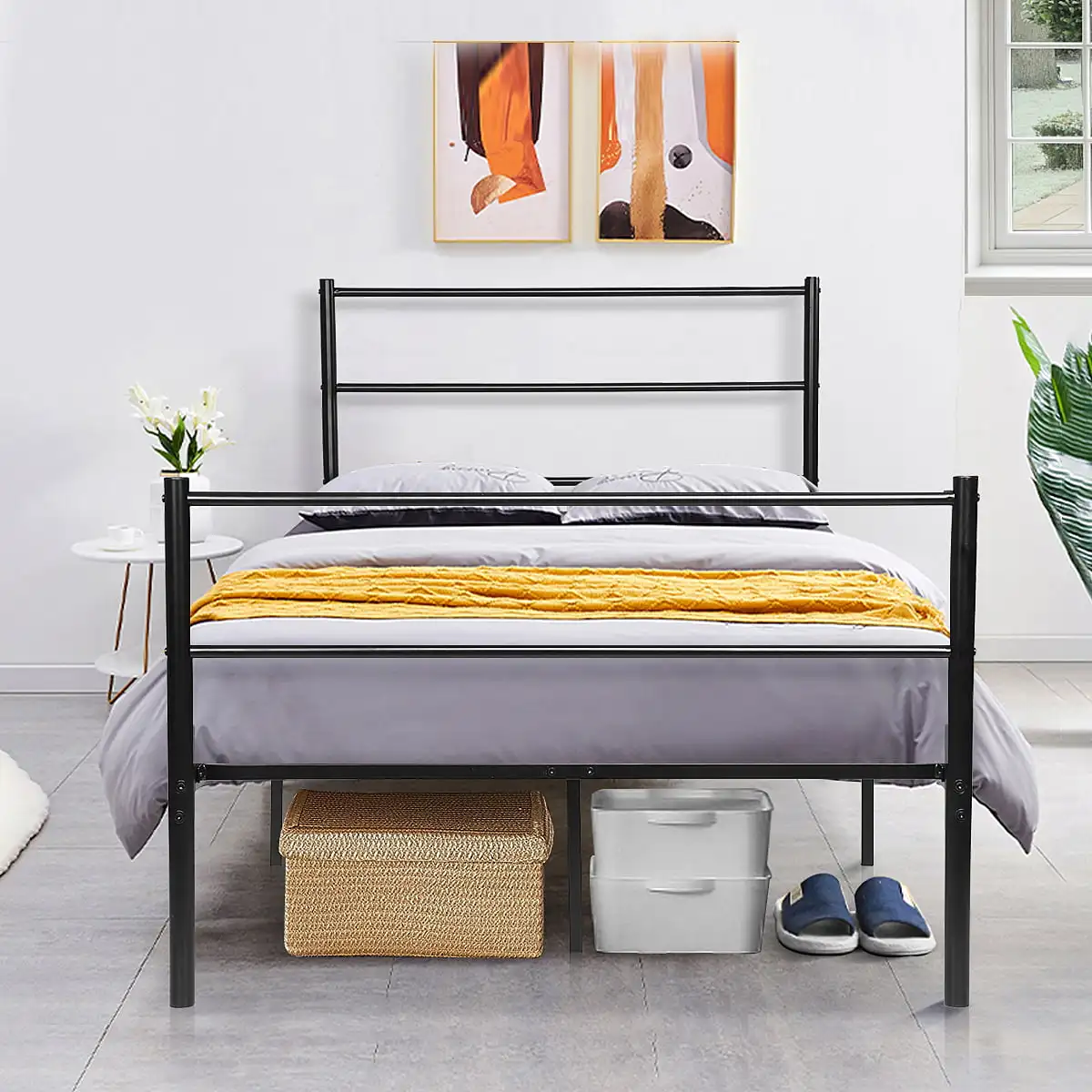 

Twin XL Bed Frame Heavy Duty Steel Slat Anti-Slip Support Easy Assembly Metal Bed Frame Underbed Storage Space N
