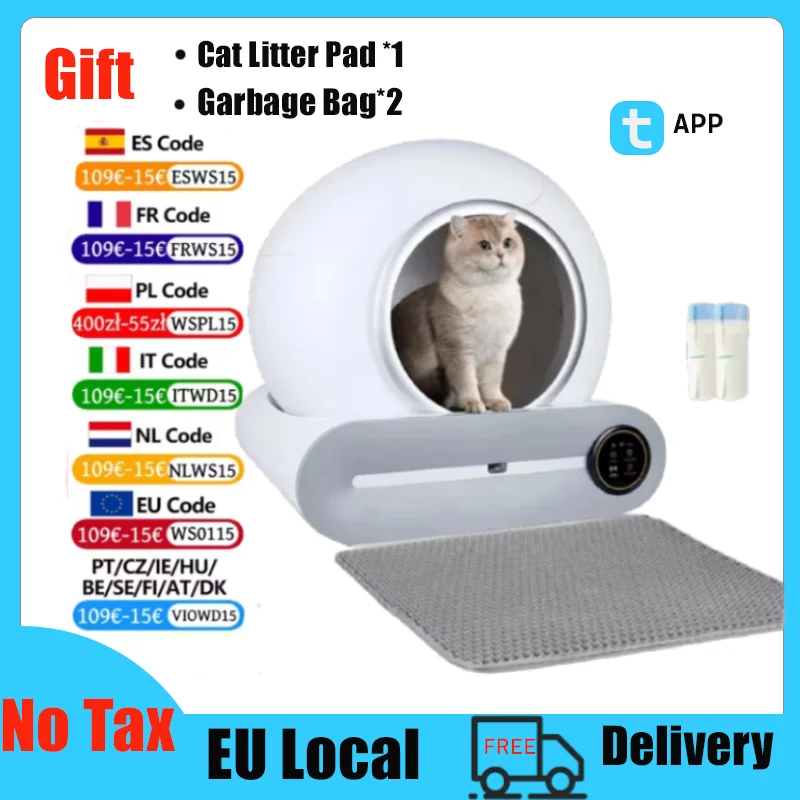 Arenero automático para gatos Smart Self‑Cleaning 65 L, control por app, cerrado