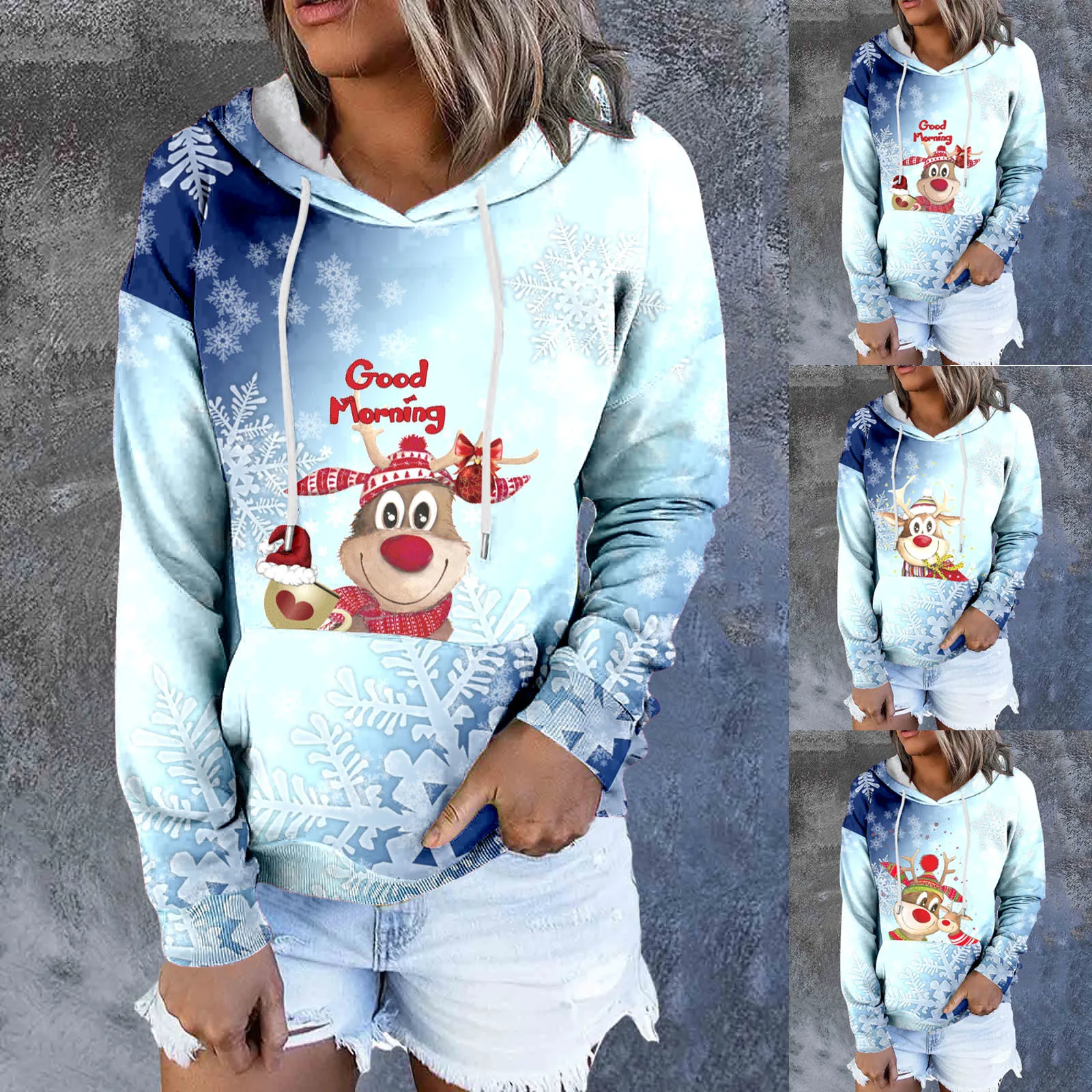 

Women Casual Cute Deer Christmas Print Long Sleeve Pocket Hooded Sweatshirt Top Light
