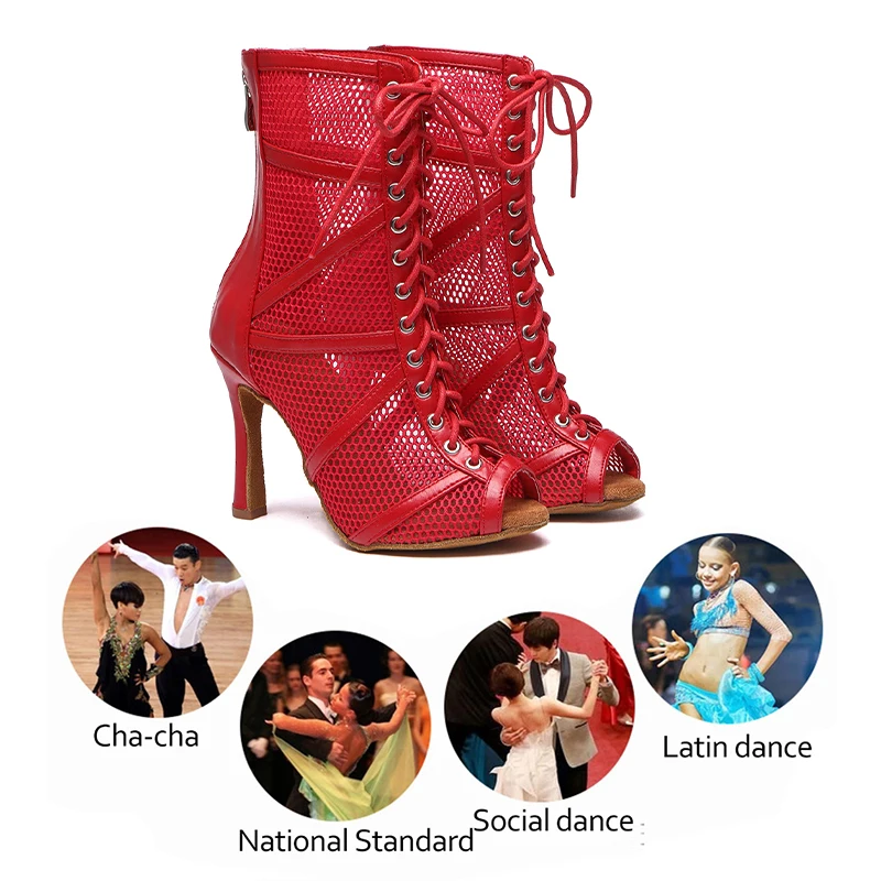 SWDZM Women Dance Shoes High Top Ballroom Boots Black Red Jazz Dance Shoes Suede Sole Shoes For Dancing Custom Heel Sandals