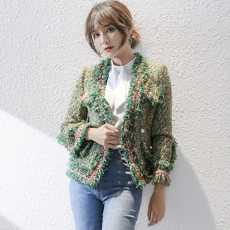 Женская однобортная винтажная твидовая шерстяная куртка пальто с кисточками
