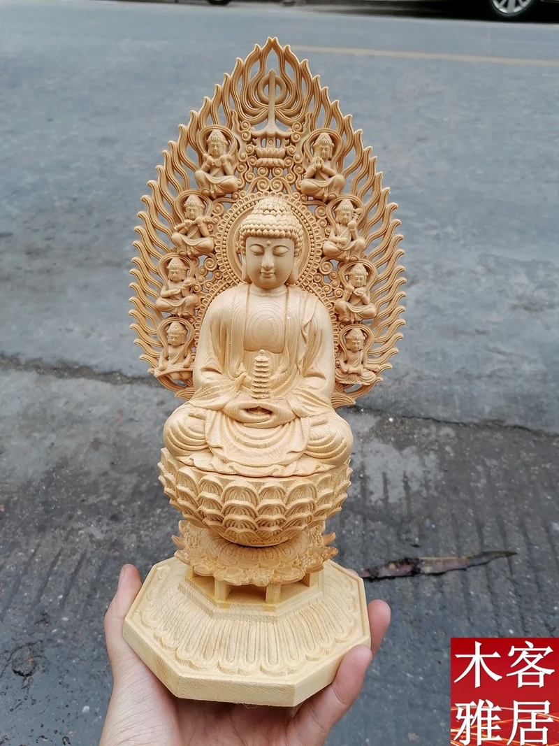 

Wood Carving Sitting Lotus Eastern Trinity Pharmacist Buddha Statue Sun Moonlight Bodhisattva Statue Home Serving Solid Wood Cra