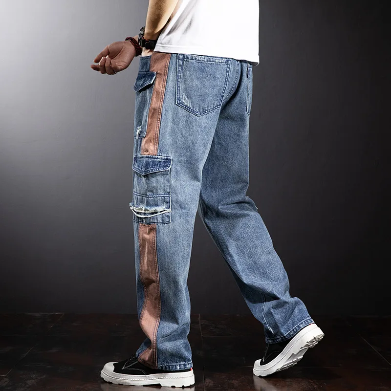 Plus Size Jeans Men Denim Pants Baggy Jeans Pants Streetwear Patchwork Trousers Male Big Size Bottoms Fashion Causal