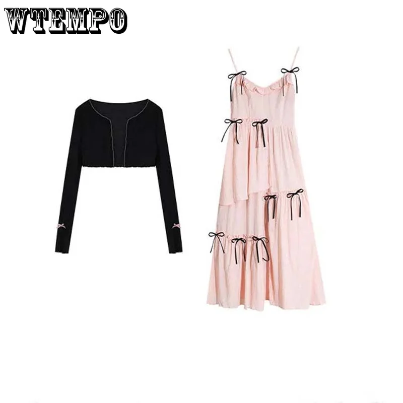 

Pink Strap Dress Black Cardigan Loose Sweet Bow Decoration Korean Fashion Summer Waistband A-line Silhouette Wholesale