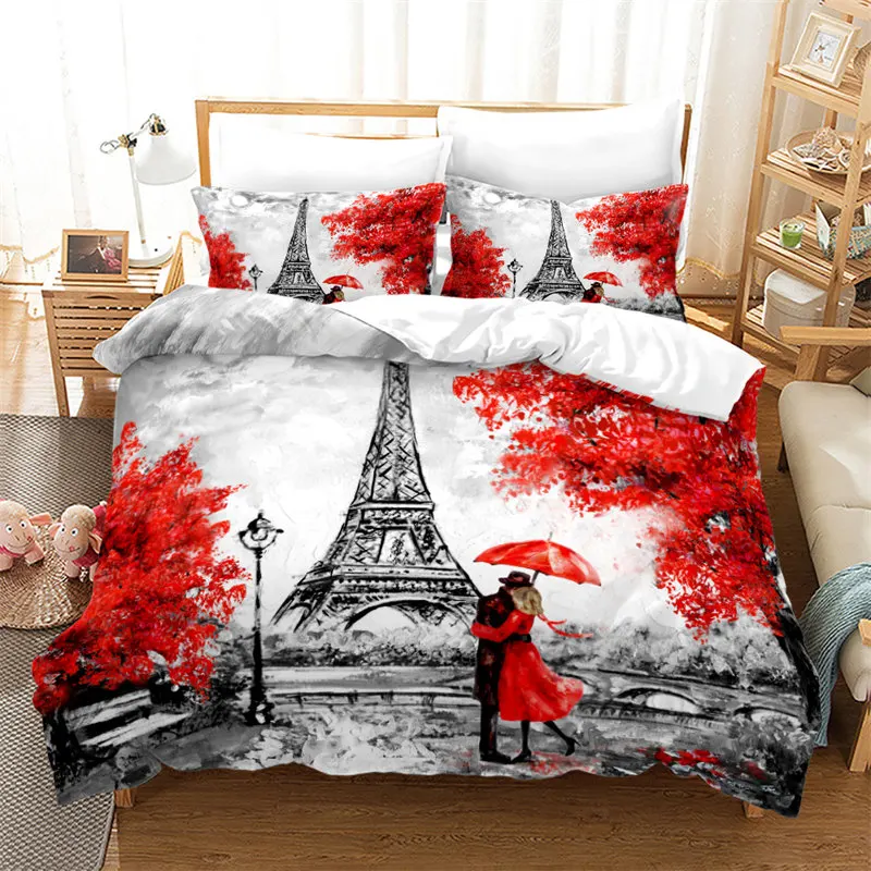

Eiffel Tower Duvet Cover Romantic Couple Flower King Comforter Cover Microfiber France Paris Cityscape Bedding Set For Girl Teen