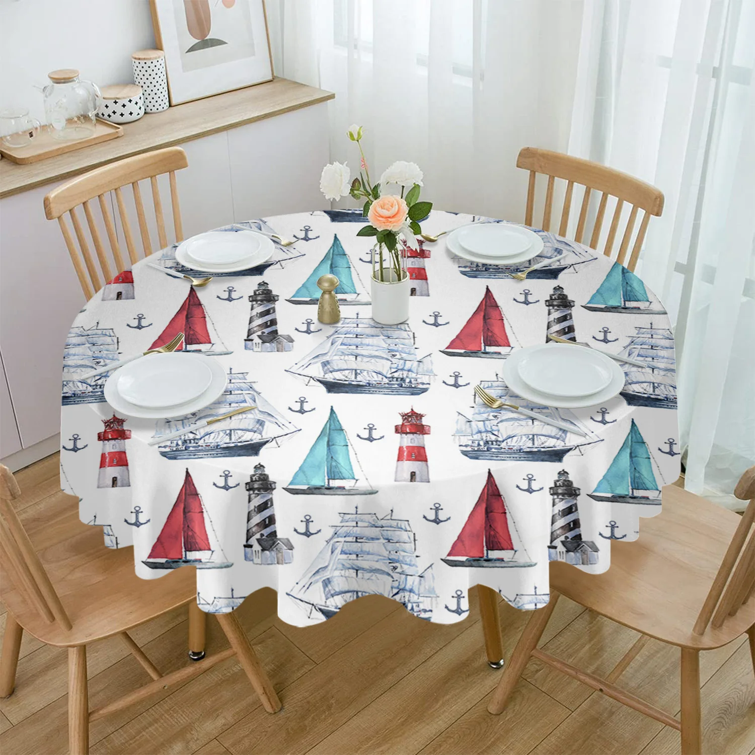 

Summer Ocean Sailing Lighthouse Round Table Cloth Festival Dining Waterproof Tablecloth Table Cover for Wedding Party Decor