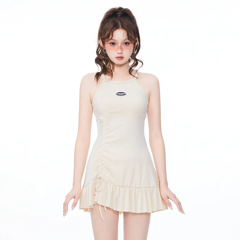 

Слитный купальник с юбкой, Женский однотонный купальник, монокини с пуш-ап, купальный костюм без рукавов, купальный костюм с оборками на подкладке, плиссированный купальный костюм