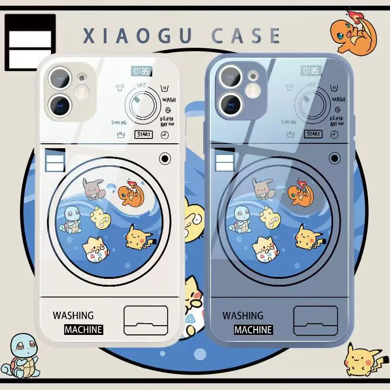 

Funny Cartoon Pokemon Pikachu squirtle bulbasaur washing machine Glass Phone Case For Iphone 11 12 13 Pro Max X Xs Xr Cover