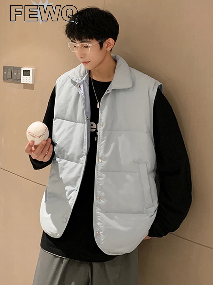 

FEWQ High Street Solid Color Men's Down Jacket Vest 2023 Loose Casual Turn-down Collar Korean Male Cotton Vests New Trend 24A972