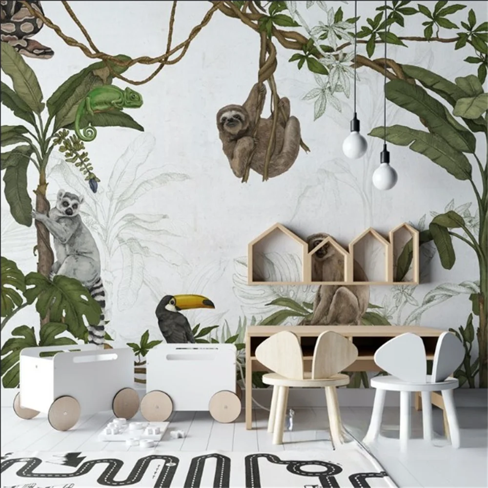 

Custom Tropical Rainforest Wall paper Southeast Asian Restaurant Bedroom Forest Monkey Animal Plant Wallpaper home decoration