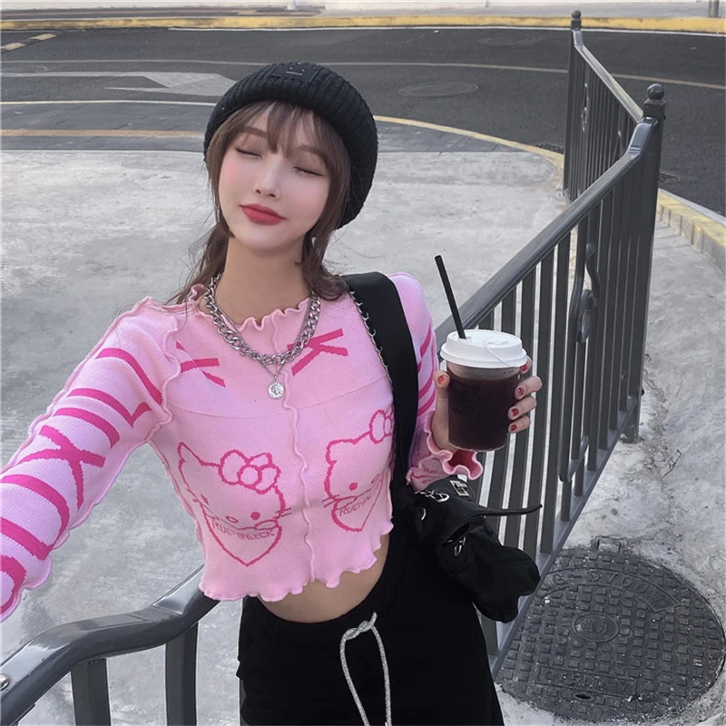 

Dropshipping Pink Cropped Womens Autumn Winter Sweaters 20201 The New Fashion Printing Ruffle Pullover