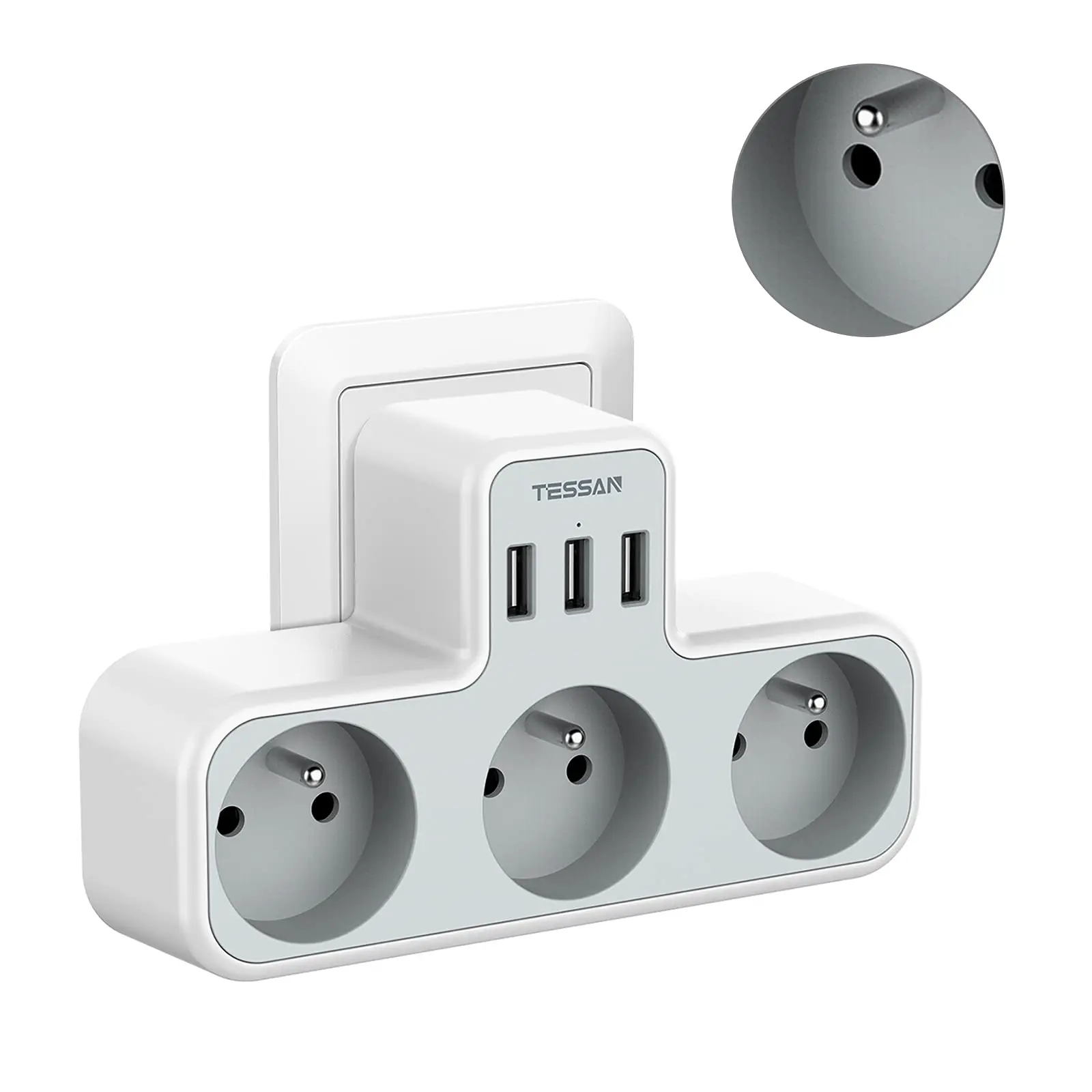 TESSAN 6 in 1 USB Power Socket Extender with 3 French Outlets 3 USB Ports, 16A Multiple Plugs Power Strip for Home, Office