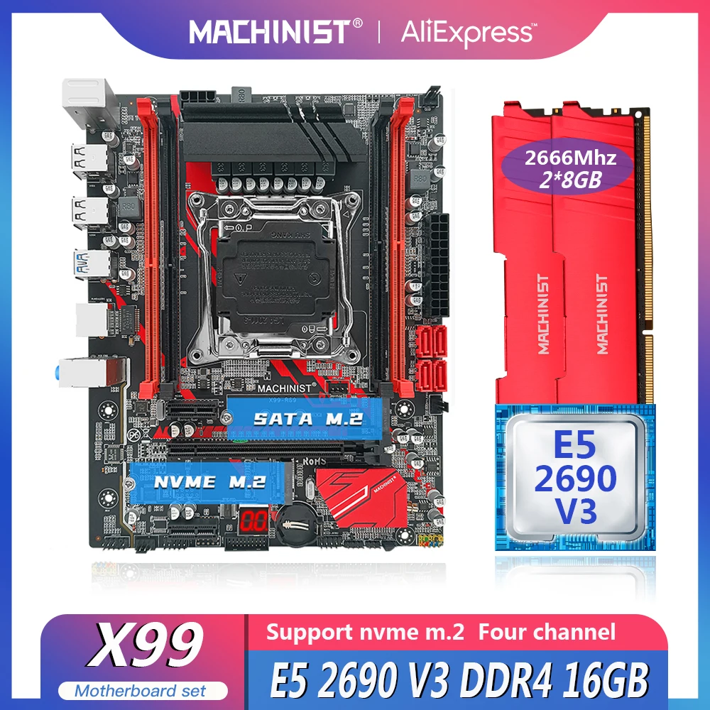 

MACHINIST X99 набор материнских плат LGA 2011-3 с процессором Xeon E5 2690 V3 CPU 16G(2*8) DDR4 настольная Память RAM M.2NVME X99-RS9