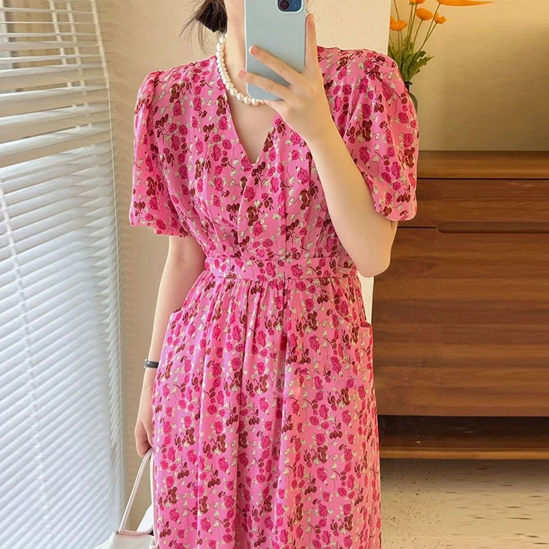 

Korean Chic Summer Sweet V Neck Women Dresses Vintage Office Lady Print Female Dress Japanese Puff Sleeve Vestidos Femme