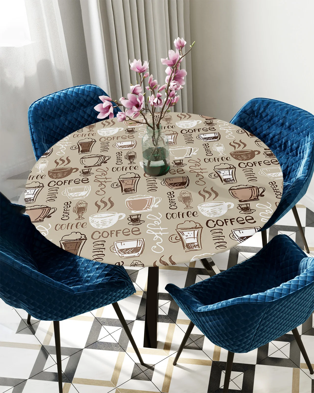 

Coffee Coffee Beans Coffee Cup Round Tablecloth Waterproof Table Cover Home Decoration Dining Room Elastic Tablecloth