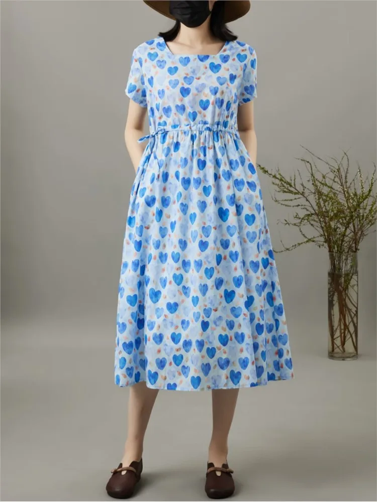 

Summer Ladies Elegant Luxury Party Maxi Dress Print Waist Drawstring Long Dress Trapezoidal Neck Short Sleeve Boho Beach Dress