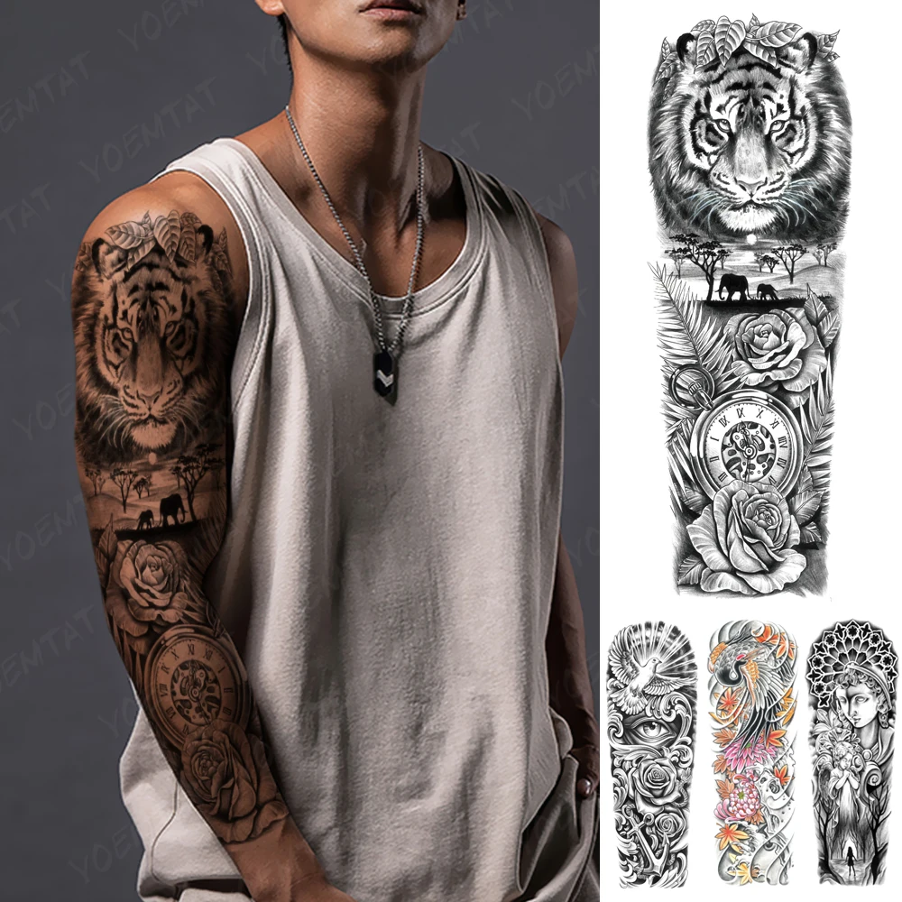 

Large Full Arm Sleeve Waterproof Temporary Tattoo Sticker Forest Animal Tiger Elephant Clock Rose Body Art Fake Tatto Men Women
