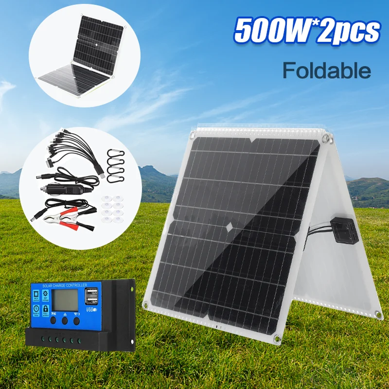 

500W Portable Folding Solar Panel Power Kit Complete 5V18 V Solar Power Bank Phone Charge RV Car Battery Cell for Travel Camping