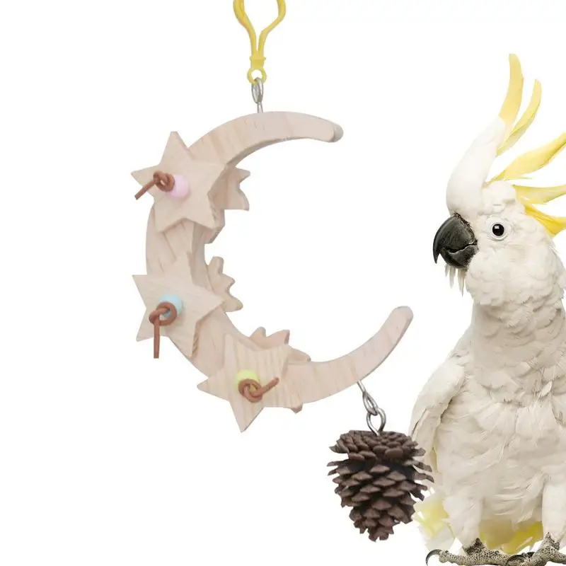

Parrot Foraging Toy Natural Wood Bird Perch Parrot Toys With With Moon Halter And Pine Cones Perch Stand For Parrotlet African