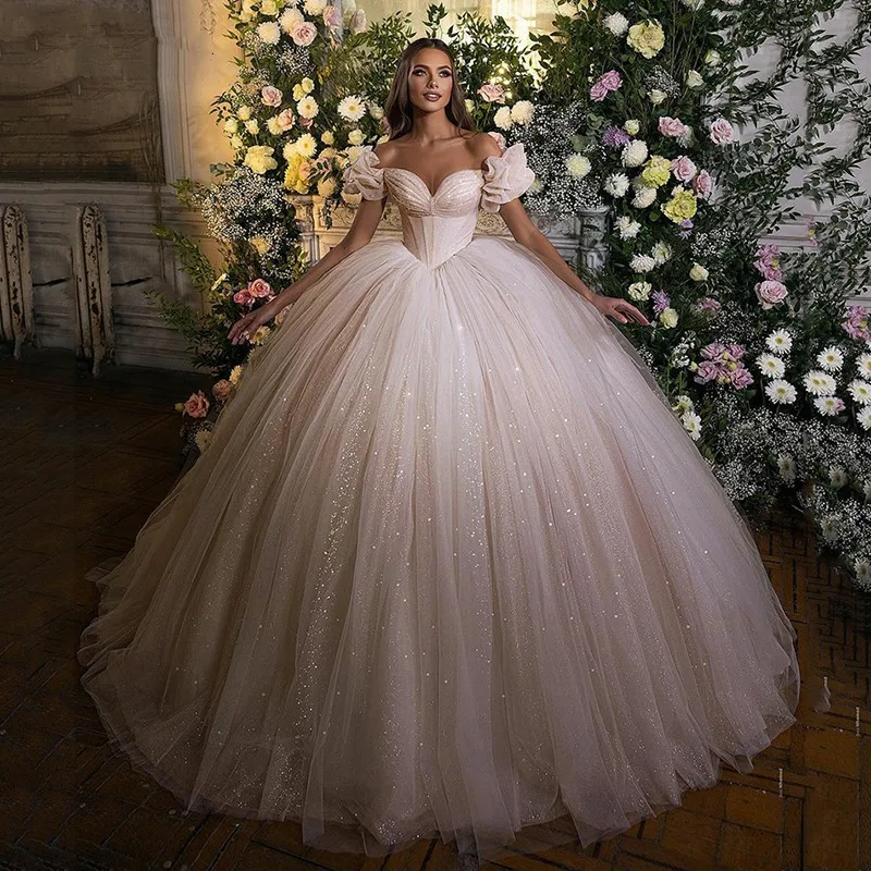 

Princess Off The Shoulder Wedding Dresses Ruched Sweetheart Ball Gown Glitter Tulle Bridal Gowns Robe De Mariee Sweep Train