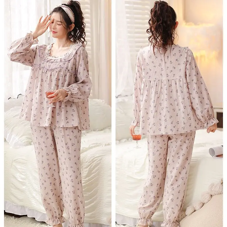 Yasuk Spring Autuum Fashion Women's Casual  Lace Square Collar Sleepwear Homewear Lovely Sweet Pajamas With Pants Soft Flower