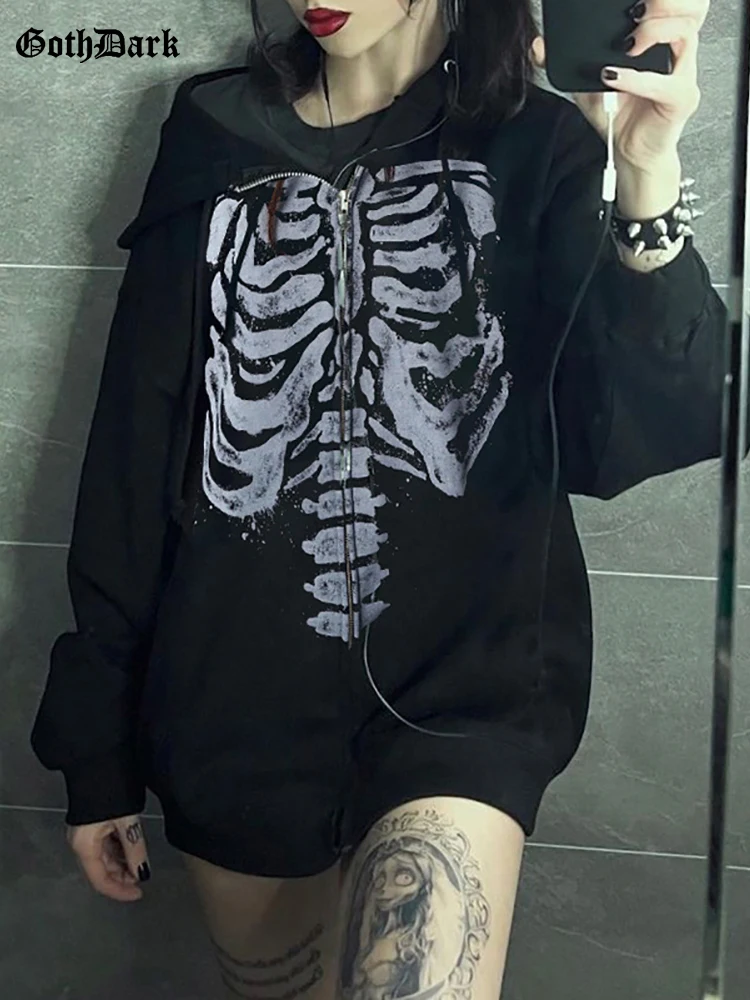 

Goth Dark Sternum Pattern Mall Gothic Aesthetic Hoodies Grunge Punk Y2k Black Zip Up Sweatshirts Oversize Streetwear Alt Clothes