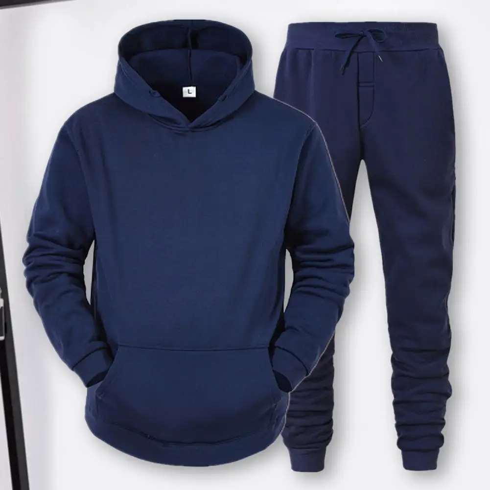 

2Pcs/Set Long Sleeve Elastic Waist Sportswear Set Men Winter Solid Color Pockets Hooded Sweatshirt Pants Set Daily Clothing