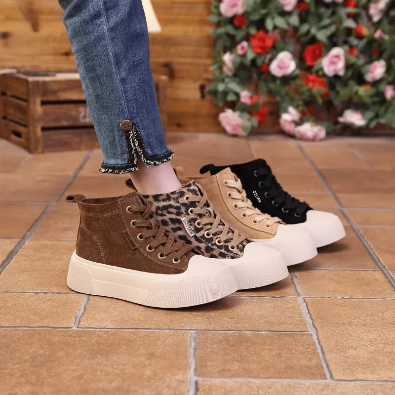 Platform Vulcanized Shoes for Women Sneakers Leopard Print High-top Womens Walking Casual Lace-up Breathable Women's