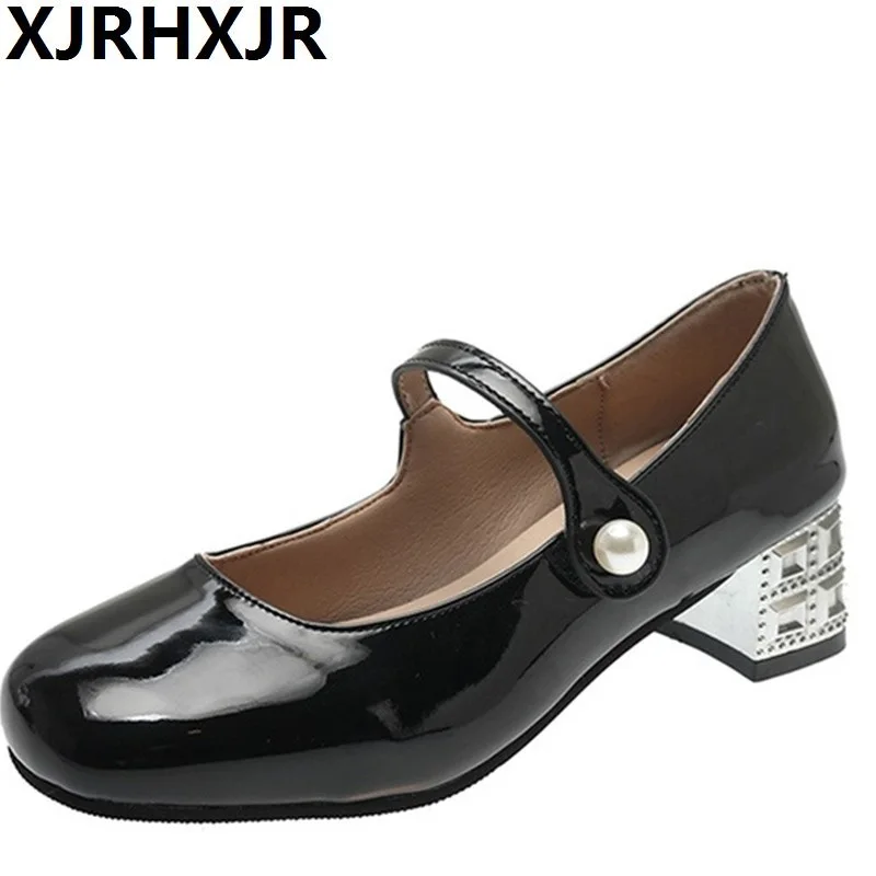 

Silver Patent Leather Mary Janes Women Hook Loop Square Toe Thick Heels Pumps Woman Comfort Med Heel Office Ladies Shoes