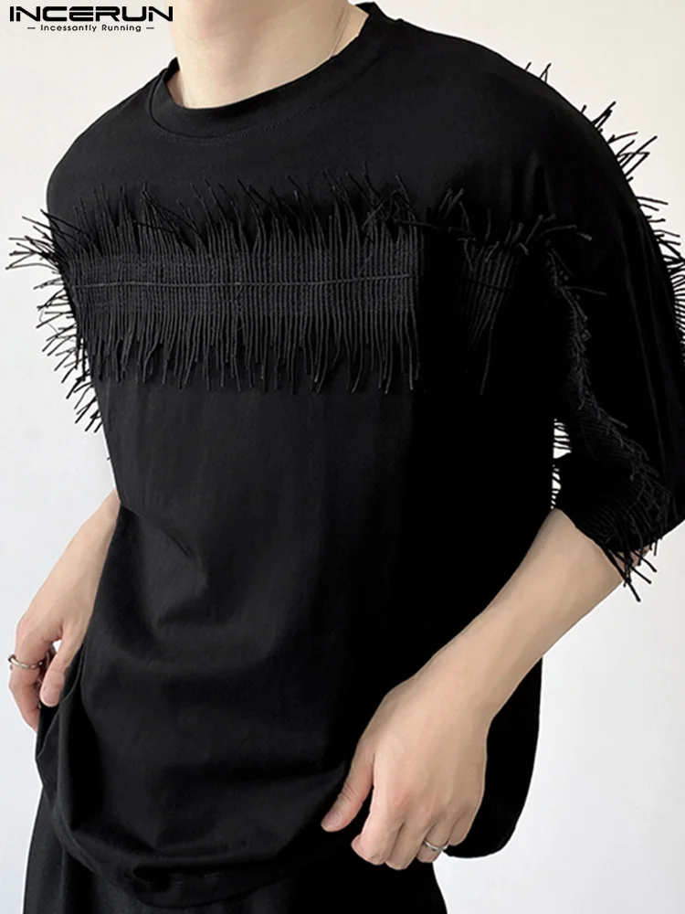 

Футболка INCERUN мужская с круглым вырезом, Однотонная рубашка с бахромой и коротким рукавом, Повседневная Уличная одежда, свободная модная фу...