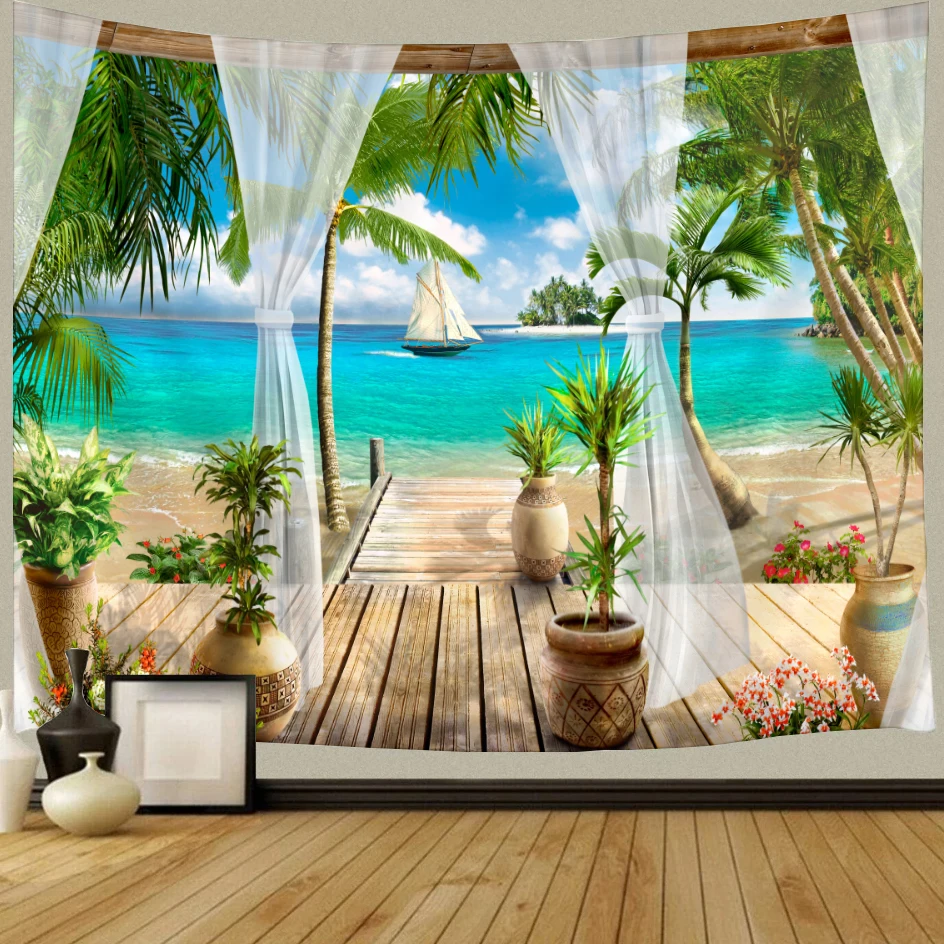 

Nature Seaside Scenery Tapestry Tropical Leaves Tree Wall Cloth Boho Hippie Tapestries Outside Window Landscape Home Decoration