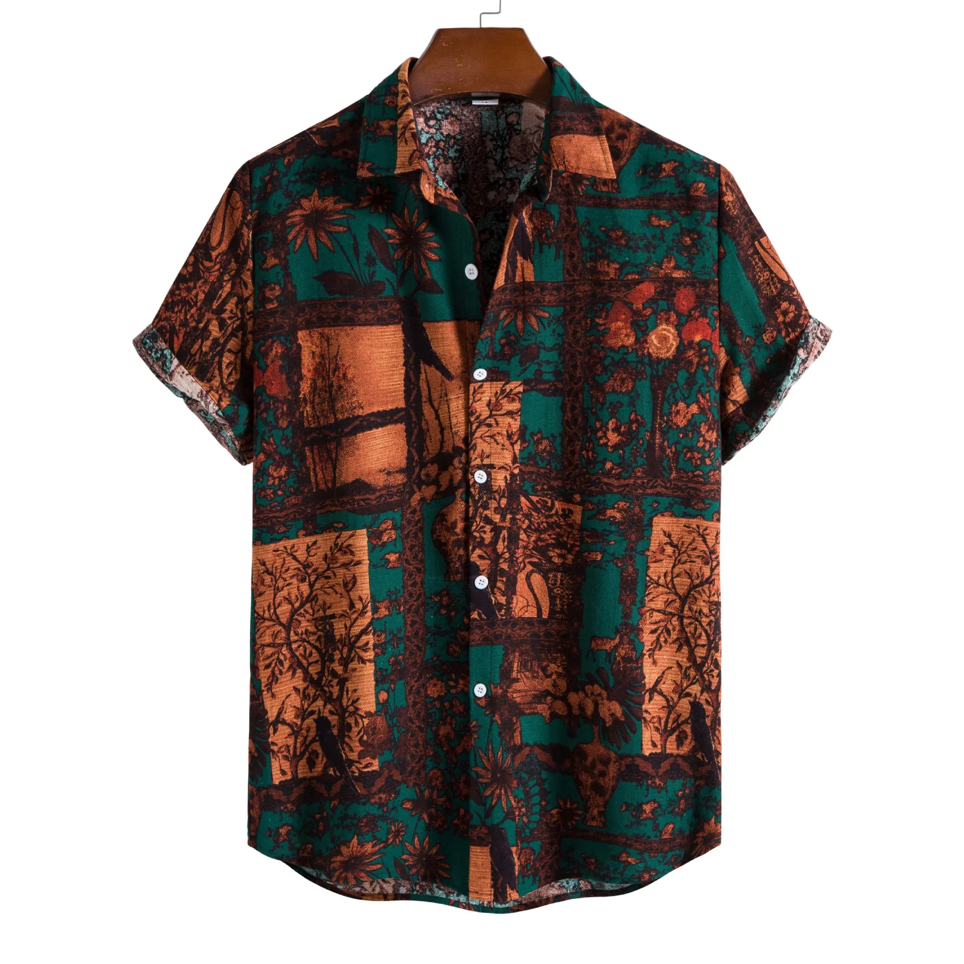 

LN Vintage Green Floral Print Hawaiian Shirt Men 2023 Summer Short Sleeve Beach Linen Shirts Men Party Holiday Vacation Clothing