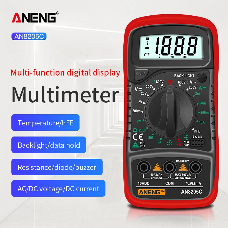 

2023 AN8205C Digital Multimeter AC/DC Ammeter Volt Ohm Test Meter Profession Multimetro with Thermocouple LCD Backlight Display