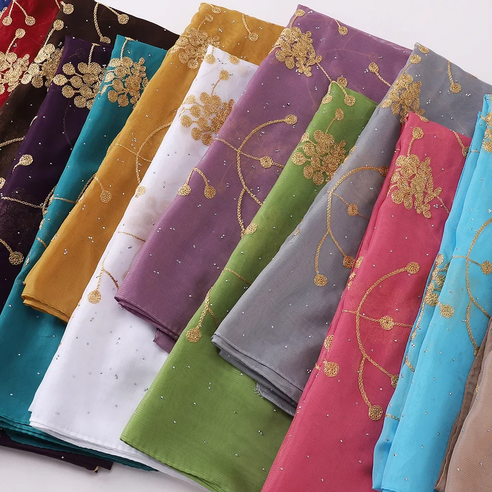 Шифоновый шарф с вышивкой бриллиантов хиджабы для женщин тюрбан шали шарфы