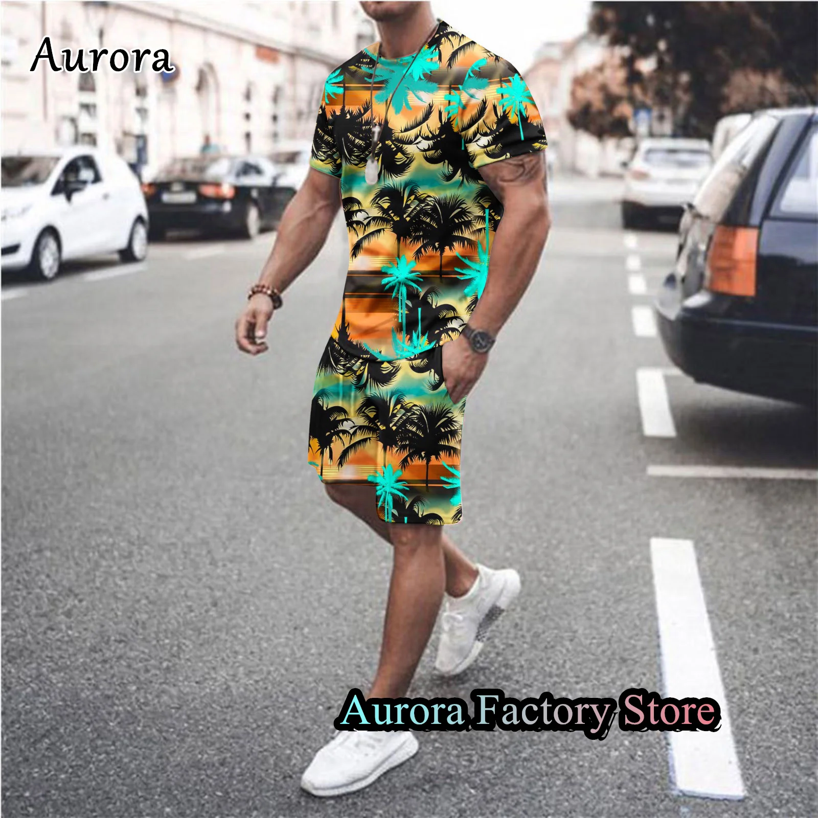 Men Summer Casual T-Shirt Shorts Set 3D Coconut Print Tracksuit Fashion Suit Hawaiian Style Outfit Male Oversized Clothing