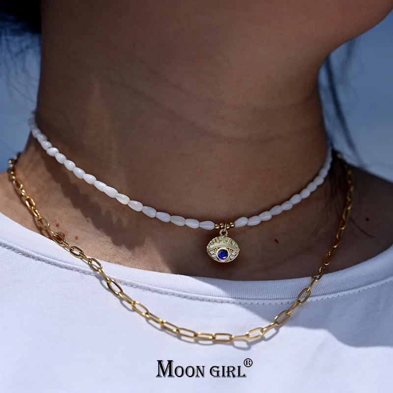 

Stainless Steel Necklace for Women Natural Shell Mother of Pearl Bead Choker Evil Eye Collares Para Mujer MOON GIRL Design