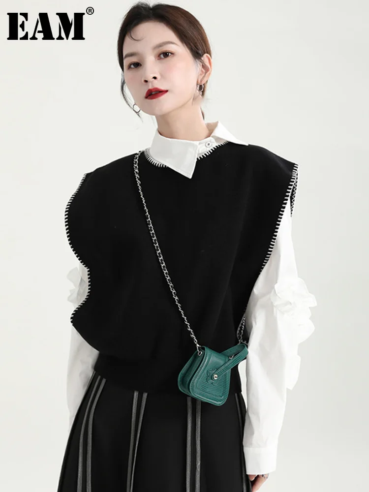

Women Loose Fit Black Topstitched Big Size Knitting Vest New Round Neck Sleeveless Fashion Tide Spring Autumn 2023 1DF1236