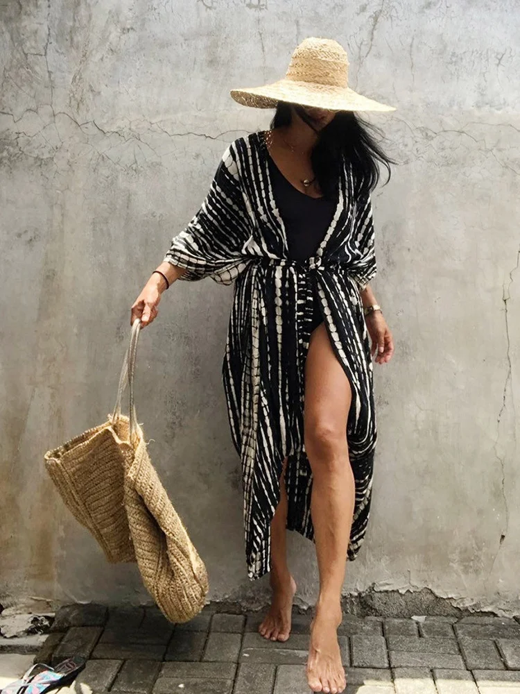 

Fitshinling Summer Vintage Dress Kimono Swimwear Halo Dyeing Beach Cover Up Sashes Oversized Long Cardigan Holiday Sexy Covers